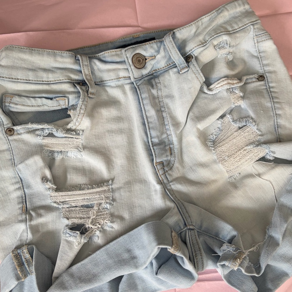 Aeropostale Light Blue Distressed Denim Roll-Hem Shorts